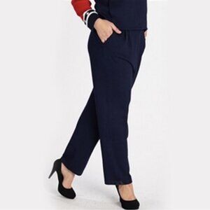 ST. JOHN Santana Knit Pants Blue 4 Navy Pleated Pockets Pull On Minimalist Women